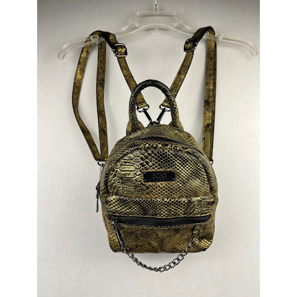 BCBG Paris Mini Backpack Gold Metallic Snakeskin Embossed Faux Leather Chain Bag